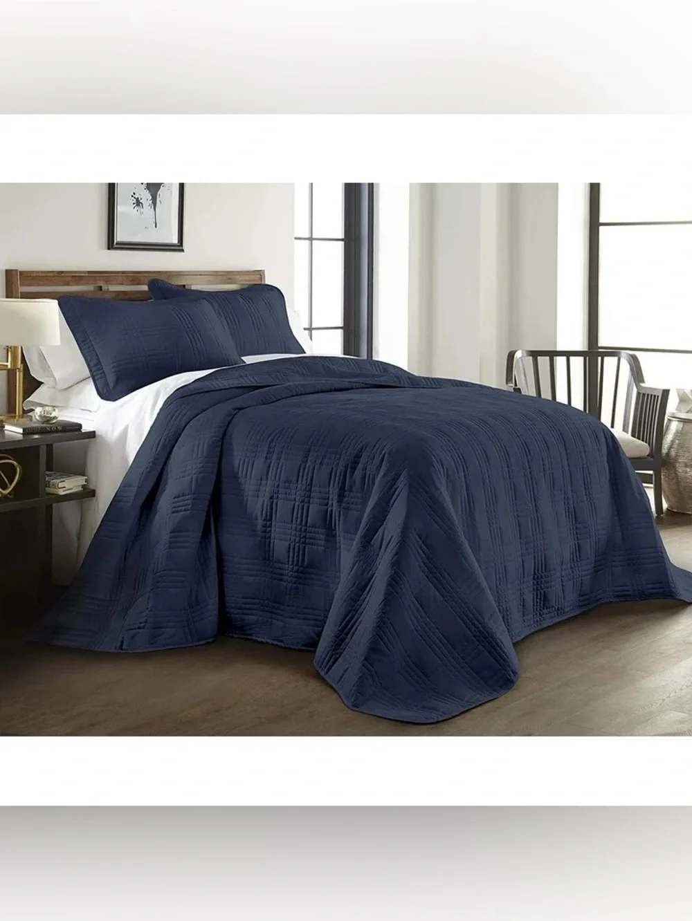 Navy 3 piece Quilted Bedspread Set